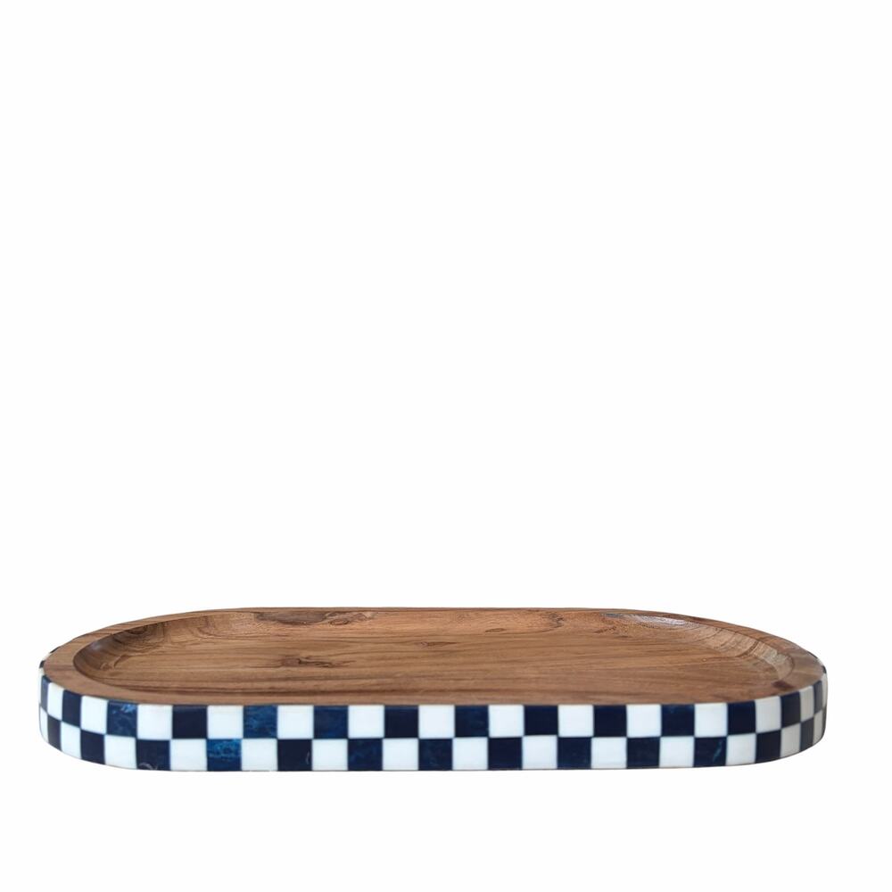Blue & White Checkered Enameled Mango Wood Serving Tray 14x7 Made In India NEW - Picture 4 of 15